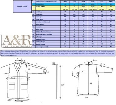 maten tabel badjassen A&R