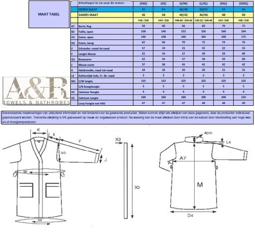 maten tabel badjassen A&R